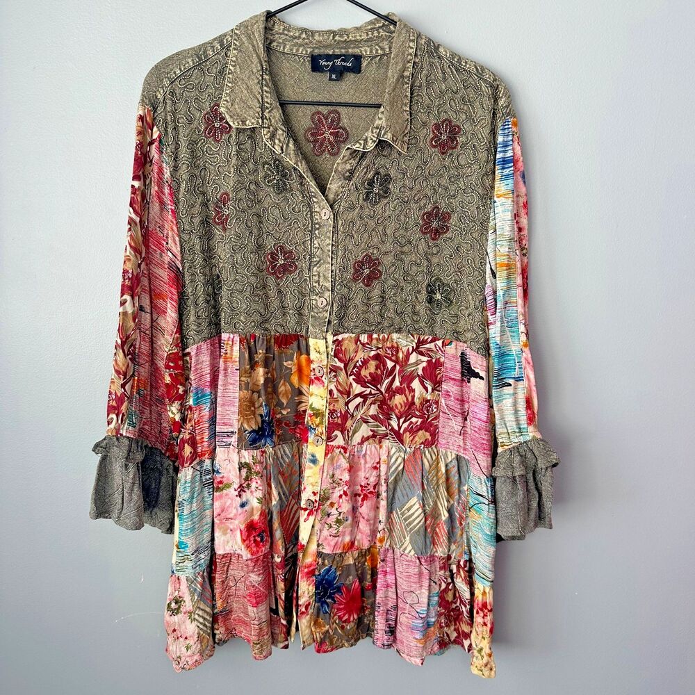 Young Threads Patchwork Boho Tunic Womens XL - image 1